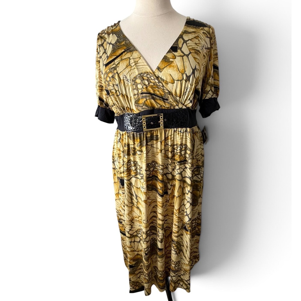 Baby Phat Vintage Y2K Gold Glitter Animal Print Dress Patent Belt Size 3X NWT